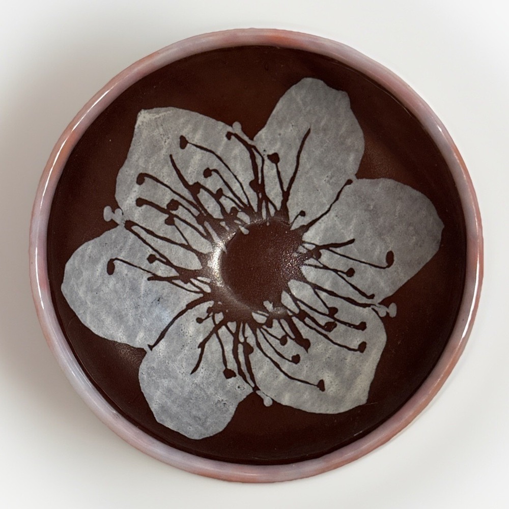 Kiku Handmade Fused Glass Bowl With Pink Cherry Blossom Design 5"Diameter